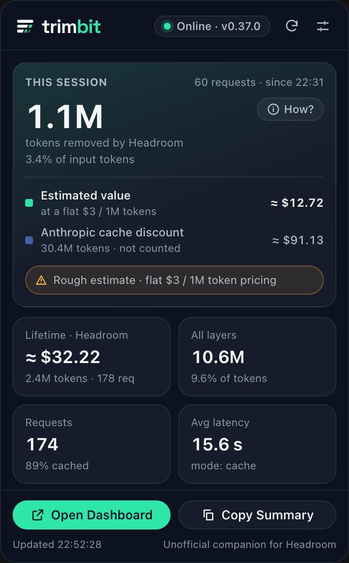 Trimbit panel showing session savings